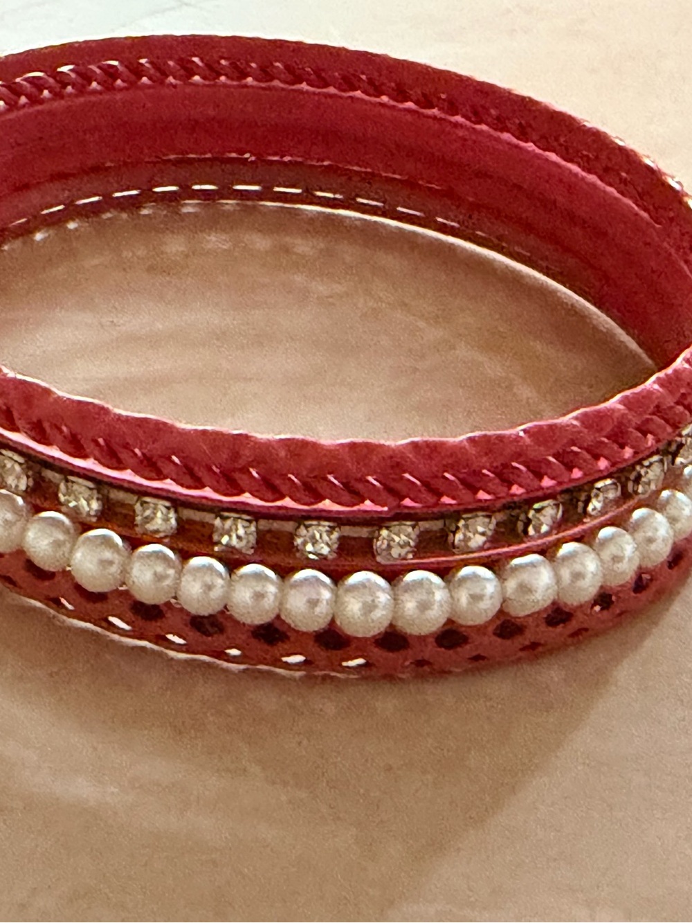 Stacked Set 5  White Dark Pink Faux Pearls Rhinestones Women's Bangle Bracelets